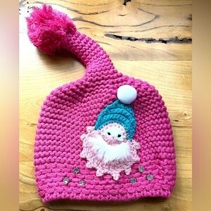 Handmade Pink Santa Long Pom Beanie Hat Rhinestone Accents OOAK